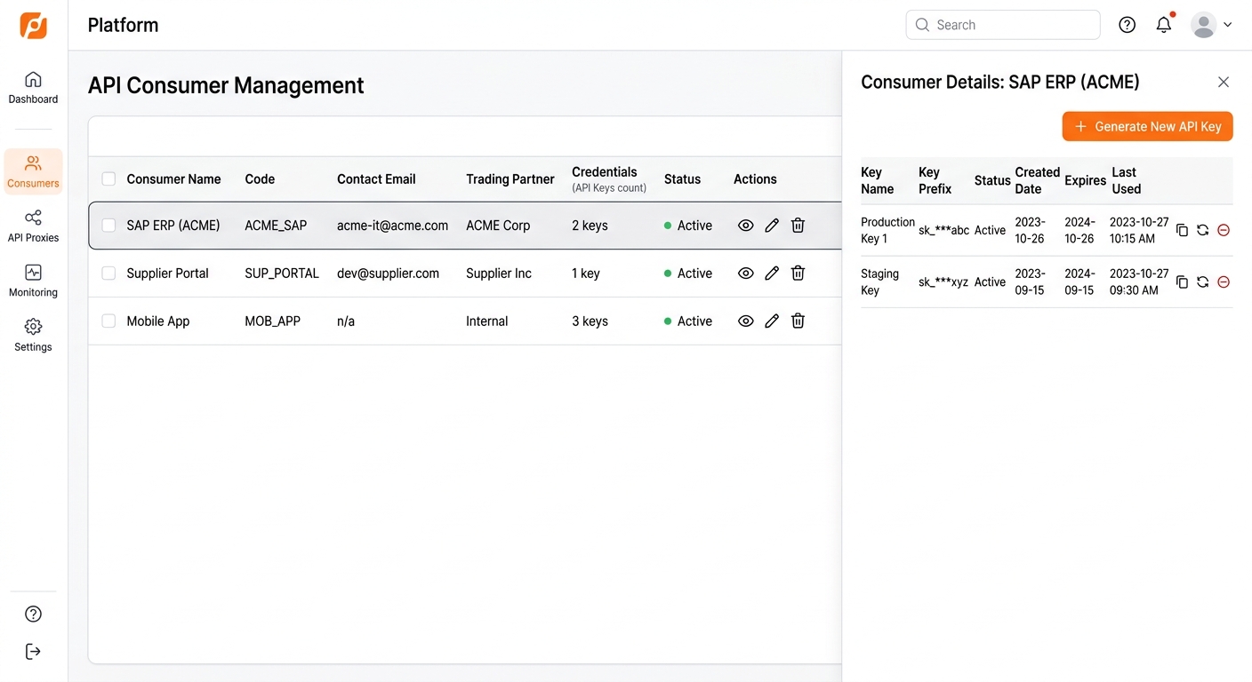 Consumer management screen with API key detail panel