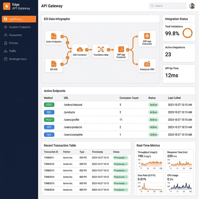 Edge API Gateway dashboard — active endpoints with method badges and consumer counts