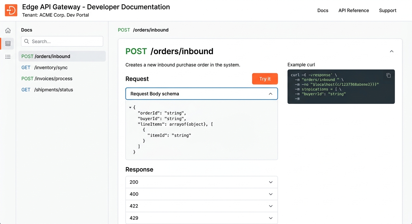 Edge API Gateway developer documentation portal showing POST /orders/inbound endpoint with request schema and curl example