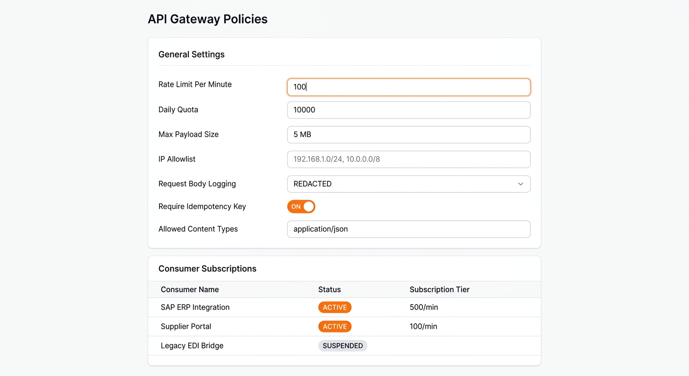 API Gateway Policies configuration form with rate limit and consumer subscription table