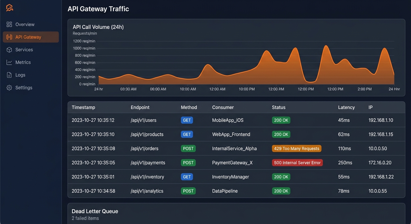 API Gateway traffic monitoring with volume chart and per-call log table