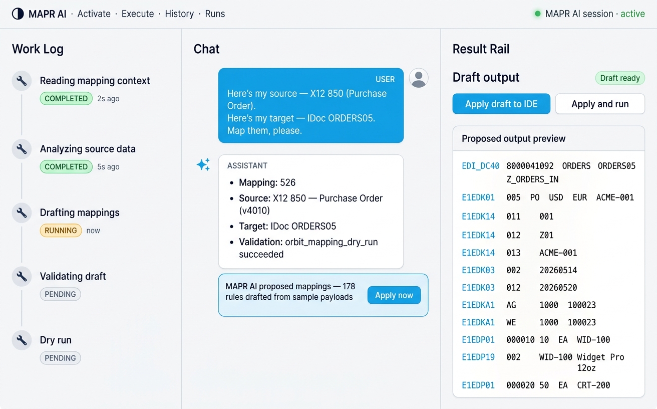 MAPR AI session — Work Log on the left, AI proposal in the centre mapping X12 850 to IDoc ORDERS05, draft output with Apply-to-IDE buttons and IDoc segment preview on the right.