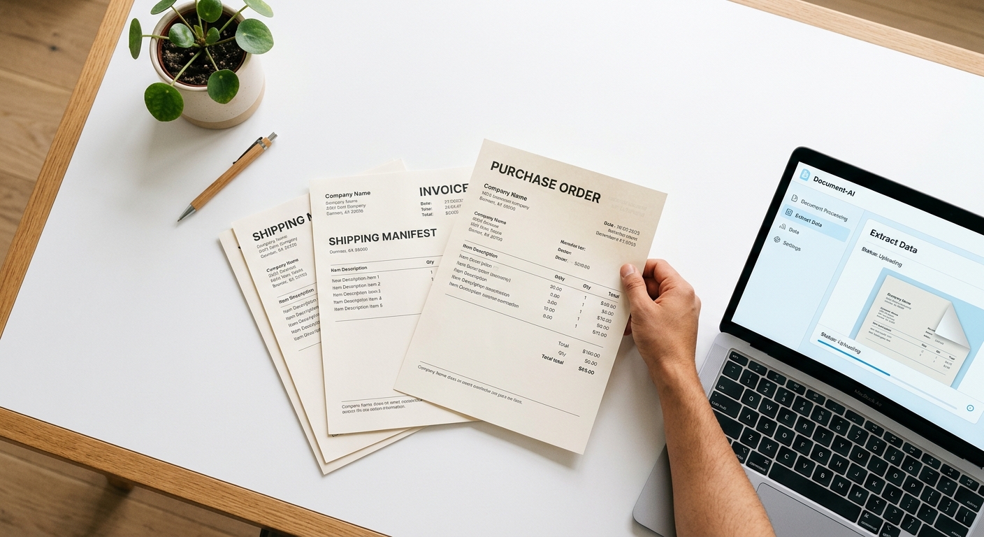 Top-down view of business documents being slid toward a laptop with document-AI extract panel