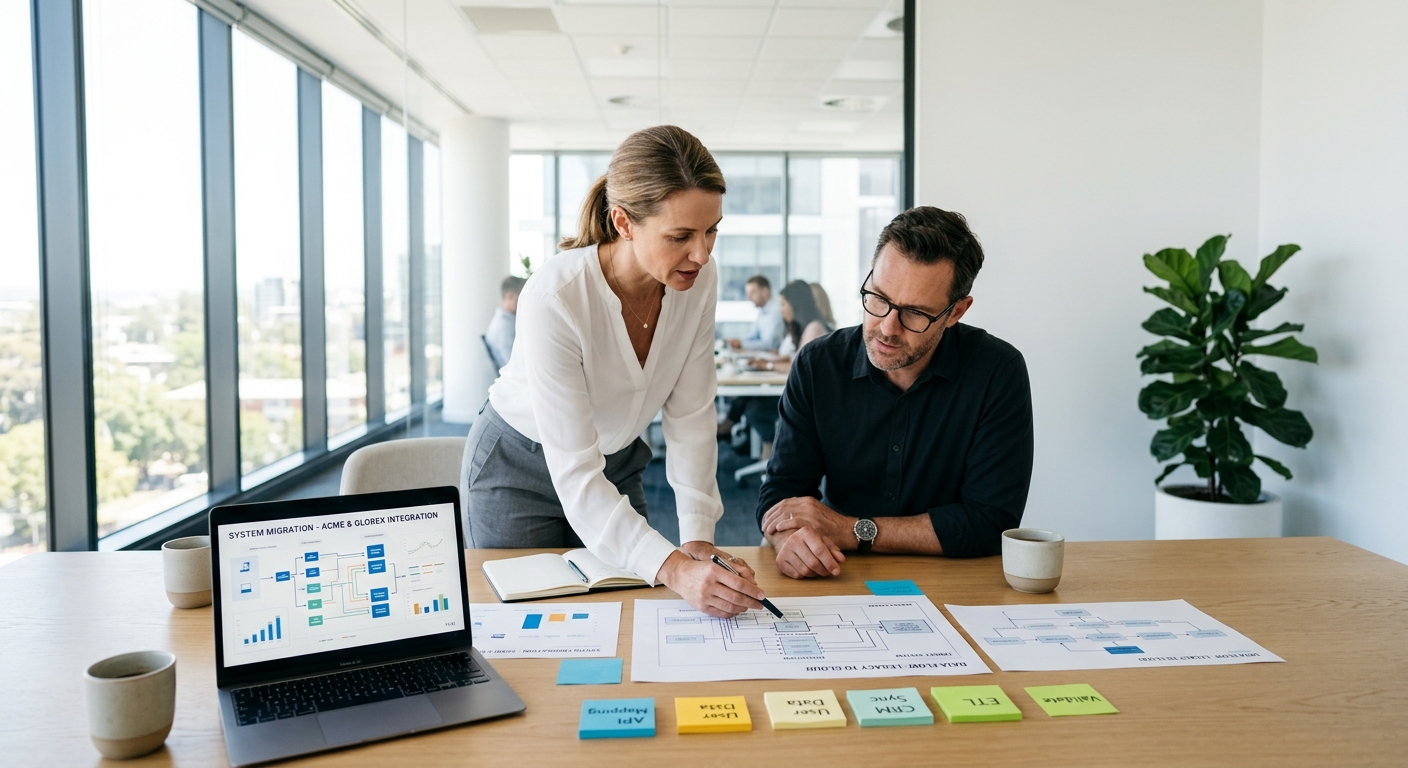Two professionals in a bright meeting room reviewing migration diagrams on a light-oak table
